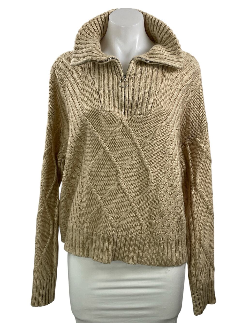 SNDYS Women's Beige Cable Knit Long Sleeve 1/4 Zip Collared Sweater Top Size M